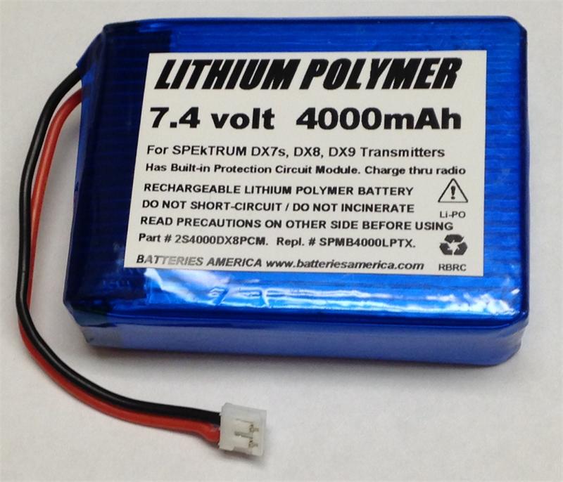 2S4000DX8PCM: 7.4v 4000mAh Li-PO battery for SPEkTRUM transmitters, SPMB4000LPTX