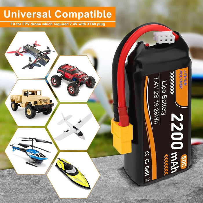 2S2200S-XT60: 7.4volt 2200mAh shorty Li-PO battery with XT60 connector