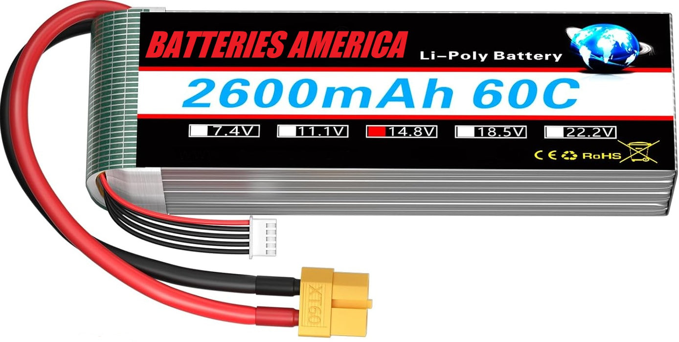 4S2600XT60: 4S 14.8 volt 2600mAh 60C LiPO battery for RC electric motors