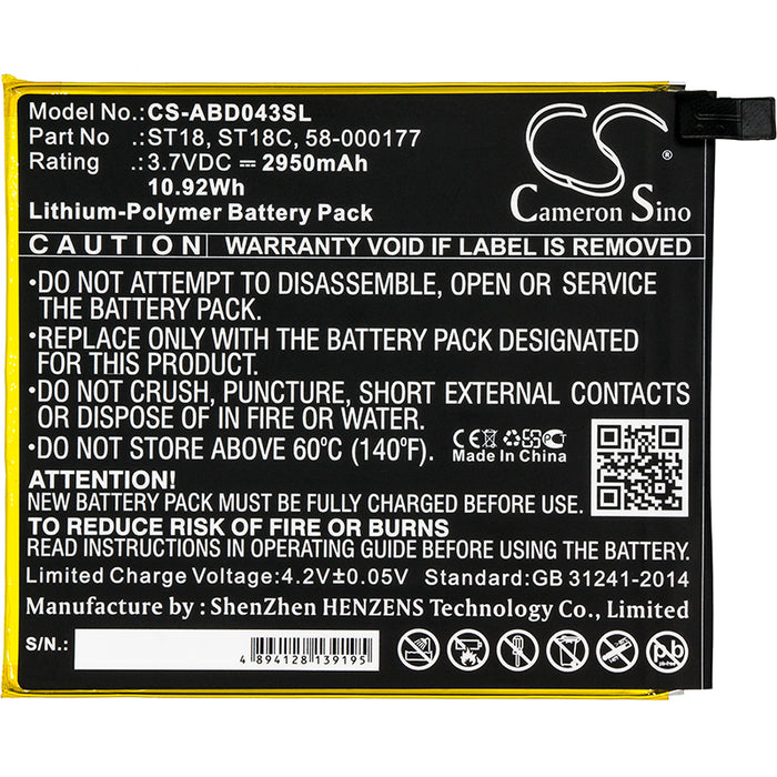 CS-ABD043SL : Battery for Amazon Kindle Fire 7", Kindle Fire 7th Generation 2017, B01GEW27DA and others - Replaces Amazon ST18, ST18C, 58-000177 and others