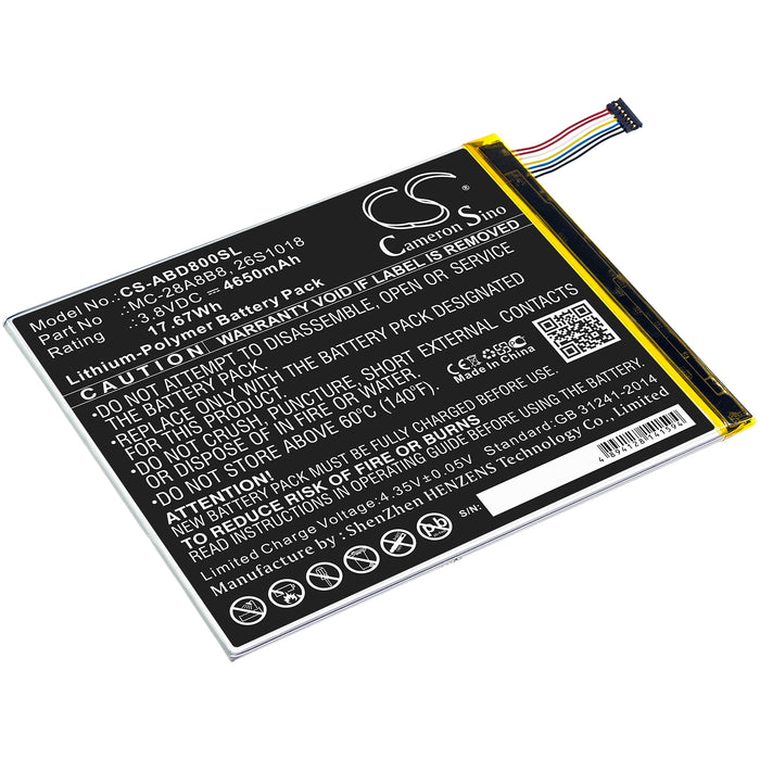 CS-ABD800SL : Battery for Amazon Kindle Fire HD 8, PR53DC - Replaces Amazon 26S1018, 58-000161, MC-28A8B8