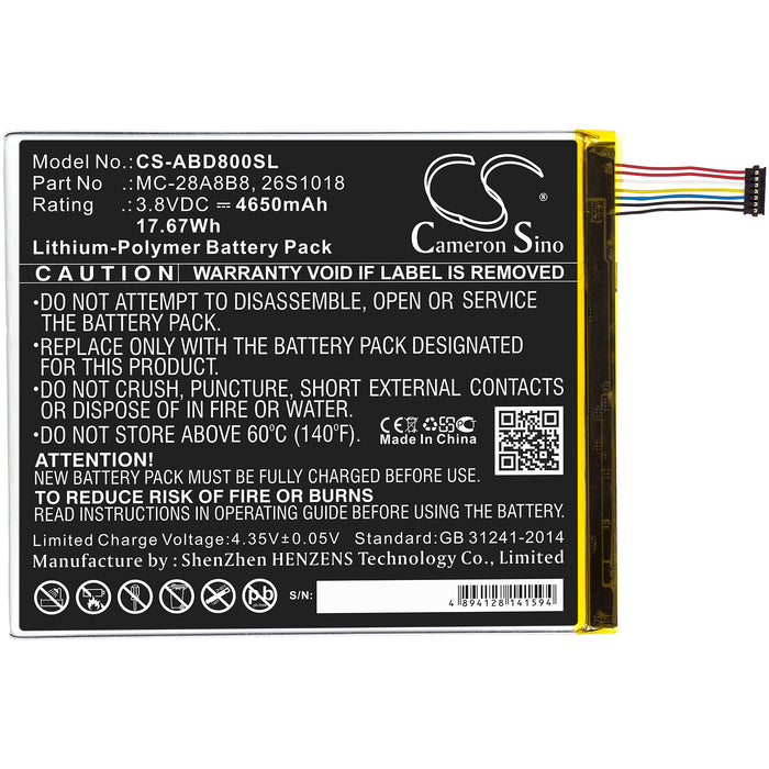 CS-ABD800SL : Battery for Amazon Kindle Fire HD 8, PR53DC - Replaces Amazon 26S1018, 58-000161, MC-28A8B8