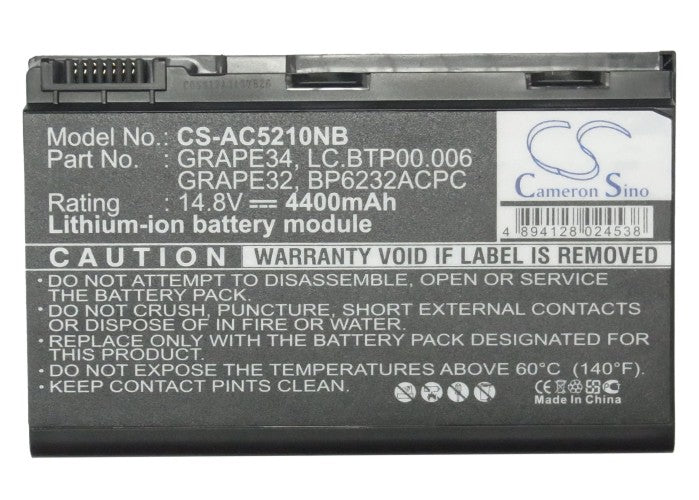 CS-AC5210NB : Battery for Acer TravelMate 5310-400508Mi, TravelMate 5520G-402G16Mi, TravelMate 5720-702G25BN and others - Replaces Acer GRAPE34, LC.BTP00.006, 23.TCZV1.004 and others