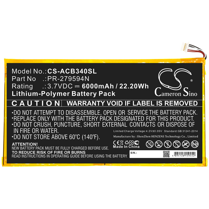 CS-ACB340SL : Battery for Acer Iconia One 10 B3-A40 - Replaces Acer PR-279594N, PR-279594N(1ICP3/95/94-2)