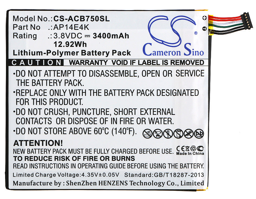 CS-ACB750SL : Battery for Acer Iconia One 7 B1-750 - Replaces Acer AP14E4K, AP14E4K (1ICP4/86/94), KT00104001 and others