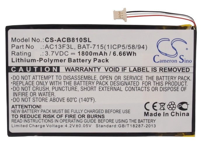 CS-ACB810SL : Battery for Acer B1-A71, Tab B1, Iconia B1-A71 and others - Replaces Acer BAT-715(1ICP5/58/94), KT.0010G.002D