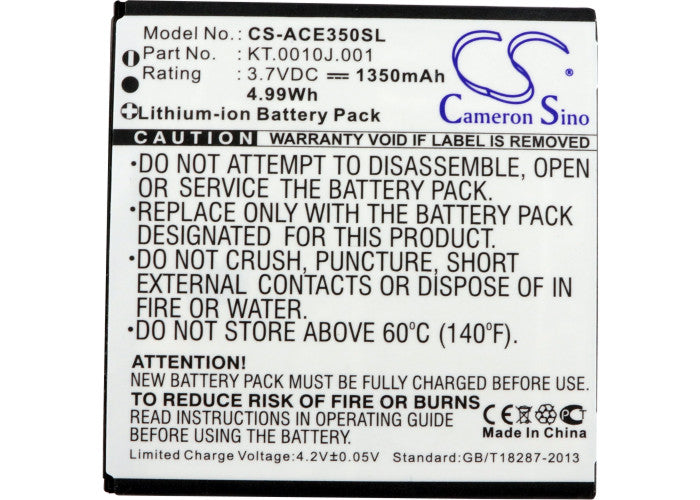 CS-ACE350SL : Battery for Acer Liquid Gallant, Liquid Gallant Duo E350, AK330 and others - Replaces Acer AE415550 1S1P, JD-201202-JLNP-C8-001, KT.0010J.001