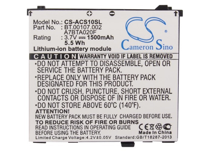 CS-ACS10SL : Battery for Acer Liquid, Liquid A1, Liquid S100 and others - Replaces Acer US55143A9H 1S1P, A7BTA020F, BT.00107.002