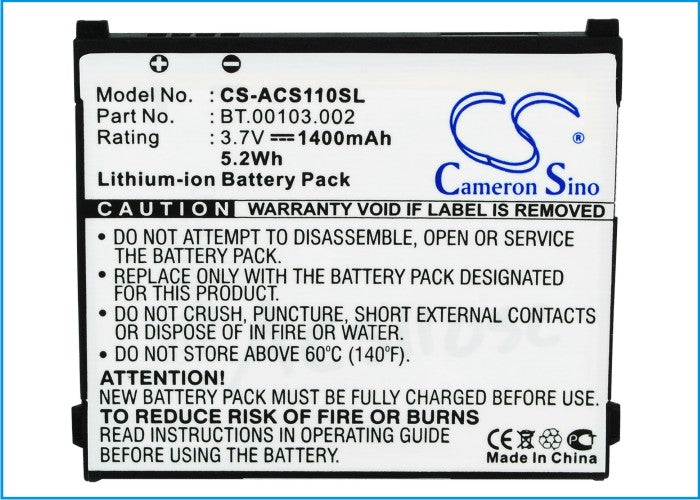 CS-ACS110SL : Battery for Acer Liquid S110, Stream, NeoTouch S110 and others - Replaces Acer BT.00103.002, 1UF504553-1-T0582