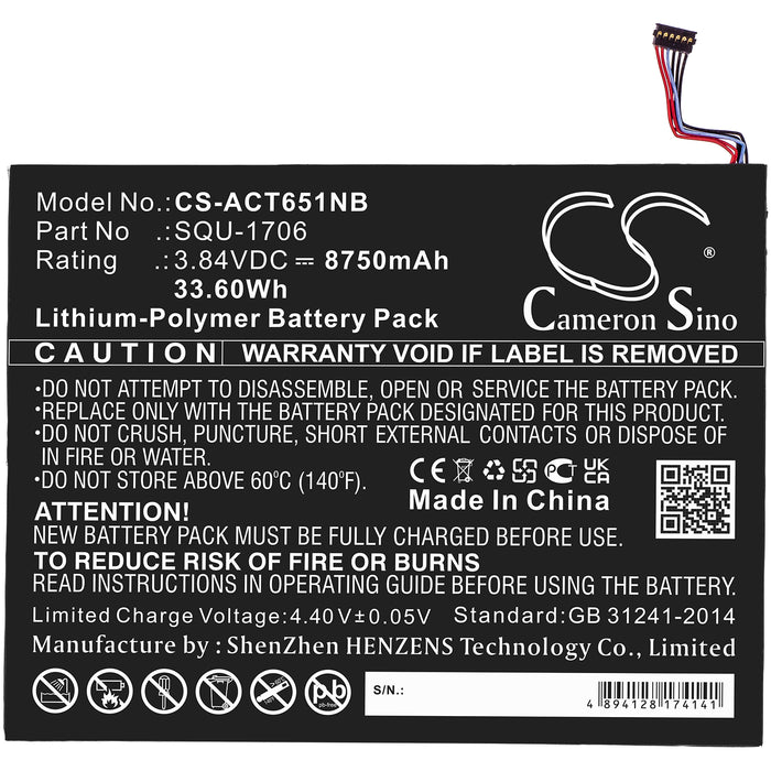 CS-ACT651NB : Battery for Acer Chromebook Tab 10, D651N - Replaces Acer SQU-1706, KT.00201.004