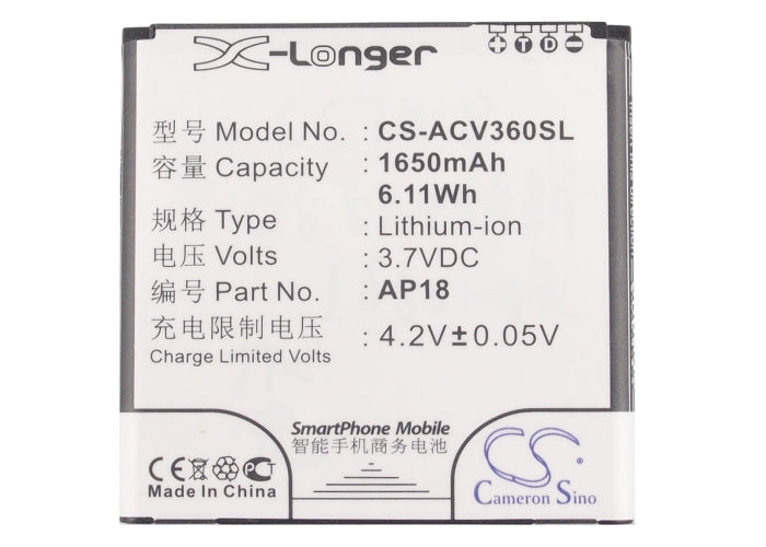 CS-ACV360SL : Battery for Acer Liquid E1, Liquid E1 Dou, V360 - Replaces Acer AP18