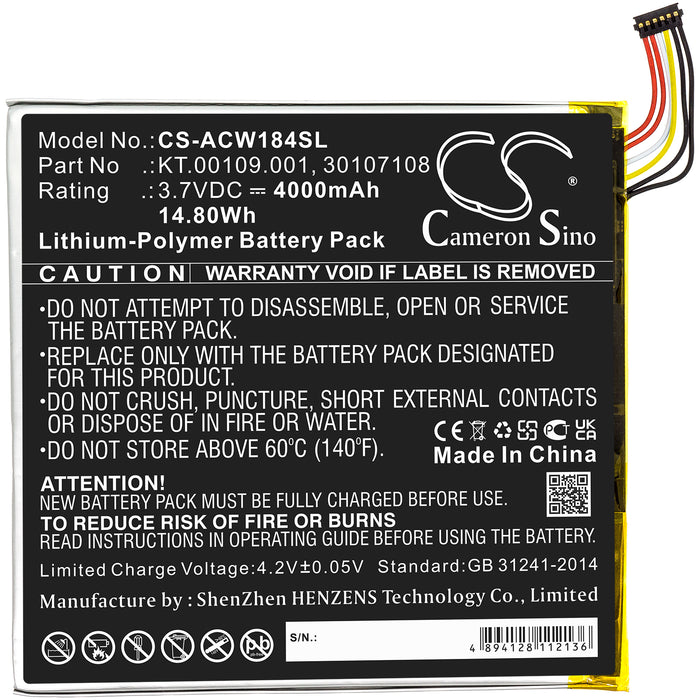 CS-ACW184SL : Battery for Acer Iconia Tab A1-840, Iconia A1-840FHD-10G2, Iconia A1-840FHD-197C and others - Replaces Acer KT.00109.001, 30107108