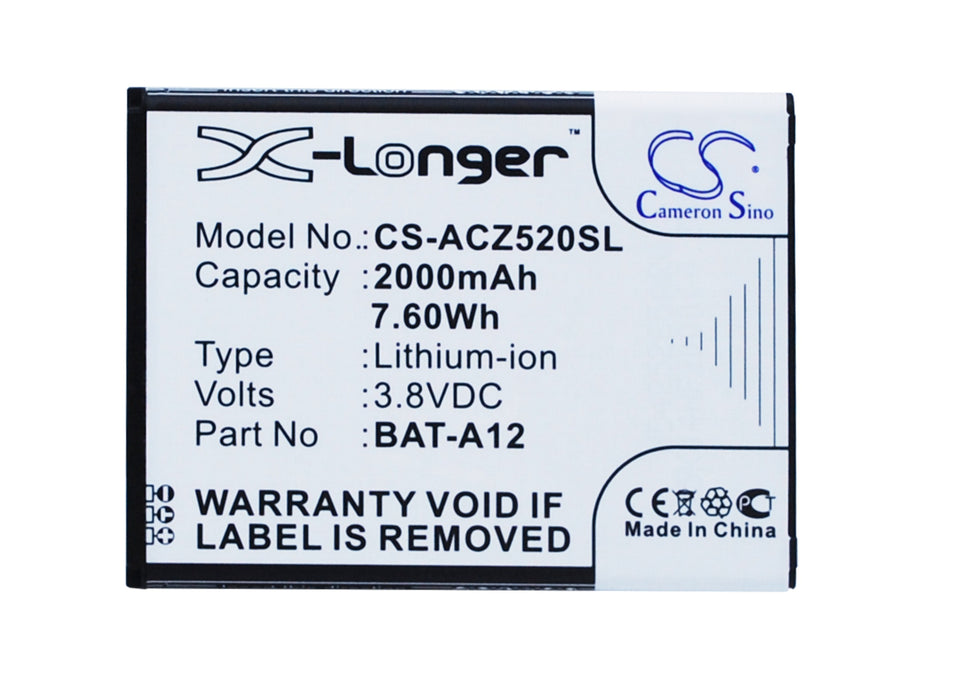 CS-ACZ520SL : Battery for Acer Liquid Z520, Liquid Z520 Dual SIM - Replaces Acer BAT-A12, BAT-A12(1ICP4/51/65), KT.00104.002