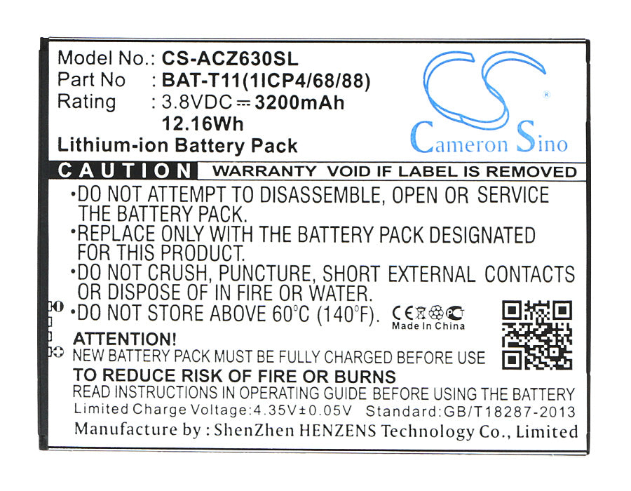 CS-ACZ630SL : Battery for Acer Liquid Z630, Liquid Z630S, T04 - Replaces Acer BAT-T11, BAT-T11(1ICP4/68/88), KT.0010S.018