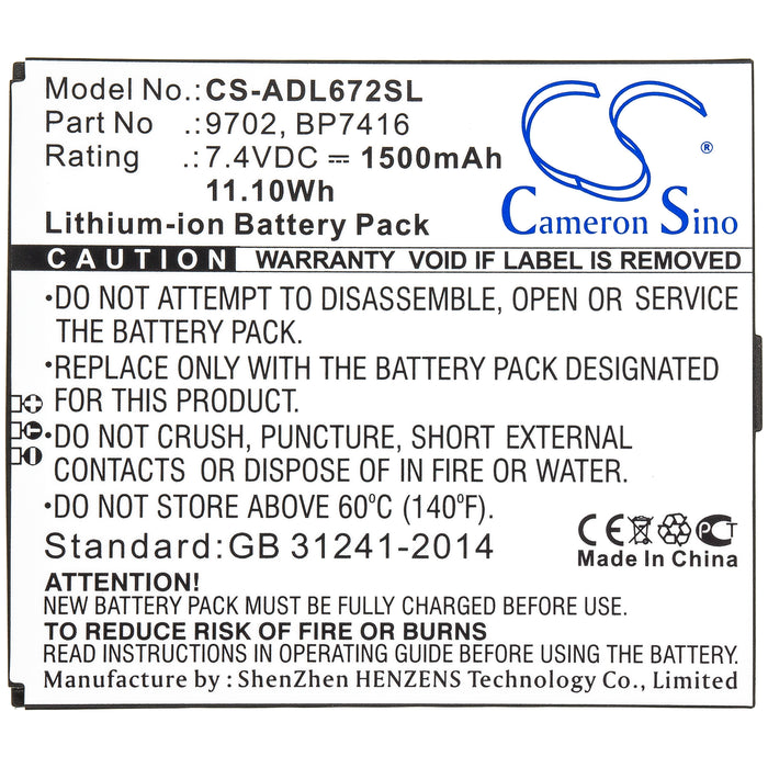 CS-ADL672SL : Battery for Additel 672, ADT 672 - Replaces Additel 9702, BP7416