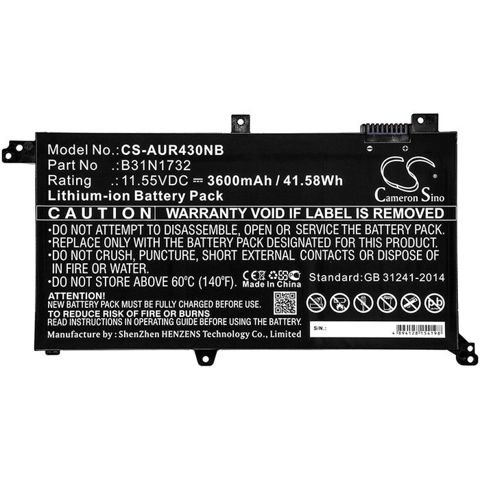 CS-AUR430NB : Battery for Asus S430UF, K430UF, V430UF and others - Replaces Asus B31N1732, 0B200-02960000, 0B200-02960400