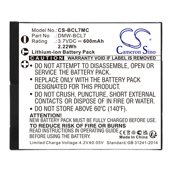 CS-BCL7MC : Battery for Panasonic Lumix DMC-F5, Lumix DMC-F5K, Lumix DMC-FH10 and others - Replaces Panasonic DMW-BCL7, DMW-BCL7E