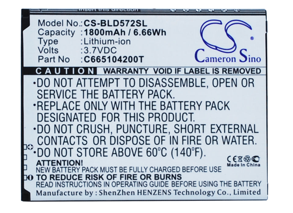 CS-BLD572SL : Battery for BLU Studio 5.0S, D572A, Y530Q and others - Replaces BLU C665104200T, C765804200L