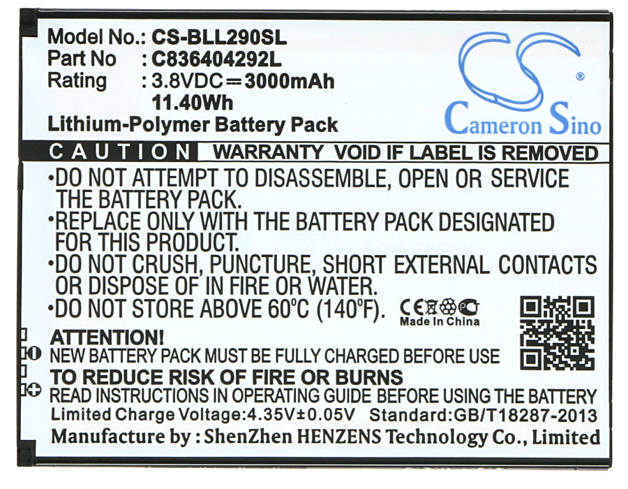 CS-BLL290SL : Battery for BLU Life 8 XL, L290U - Replaces BLU C836404292L