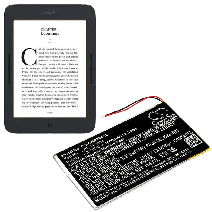 CS-BNR700SL : Battery for Barnes & Noble GlowLight Plus 7.8, BNRV700 - Replaces Barnes & Noble PR-285084