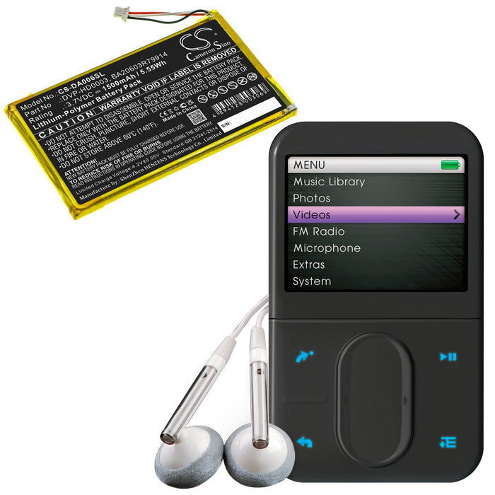 CS-DA006SL : Battery for Creative Zen Vision M, Zen Vision M Video - Replaces Creative DVP-HD0003, BA20603R79914