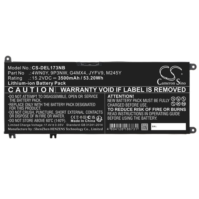 CS-DEL173NB : Battery for DELL Inspiron 13 7577, Inspiron 13 7779, Inspiron 13 7778 and others - Replaces DELL 4WN0Y, 9P3NW, G4MX4 and others