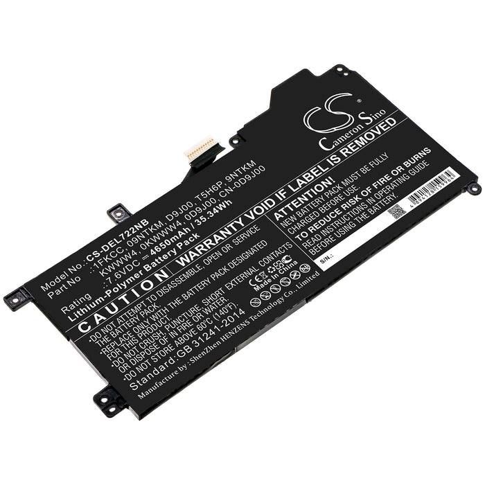 CS-DEL722NB : Battery for DELL Latitude 7200 2-in-1, Latitude 12 7200 - Replaces DELL 09NTKM, 1FKCC, D9J00 and others