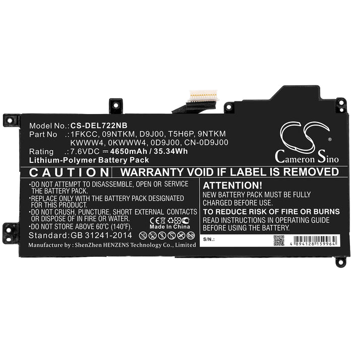 CS-DEL722NB : Battery for DELL Latitude 7200 2-in-1, Latitude 12 7200 - Replaces DELL 09NTKM, 1FKCC, D9J00 and others