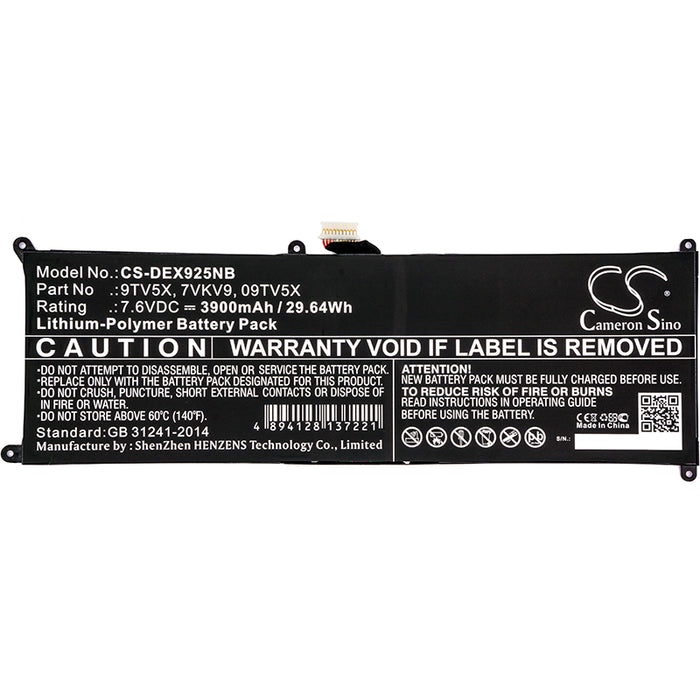 CS-DEX925NB : Battery for DELL XPS 12 9250, Latitude 12 7275, XPS 12-9250-D1508TB and others - Replaces DELL 9TV5X, 7VKV9, 09TV5X and others