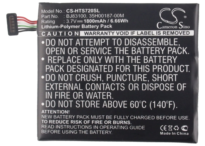 CS-HTS720SL : Battery for HTC One X, One XT, Supreme and others - Replaces HTC BJ83100, 35H00187-00M, 35H00187-01M and others