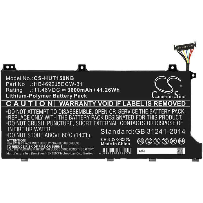 CS-HUT150NB : Battery for Huawei MateBook D 15 2020, MateBook D 15, MateBook D 15-53010TUY and others - Replaces Huawei HB4692J5ECW-31