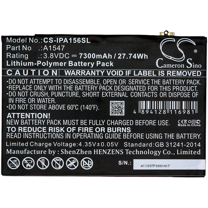 CS-IPA156SL : Battery for Apple iPad Air 2, iPad Air 2 WiFi, iPad 6 and others - Replaces Apple A1547