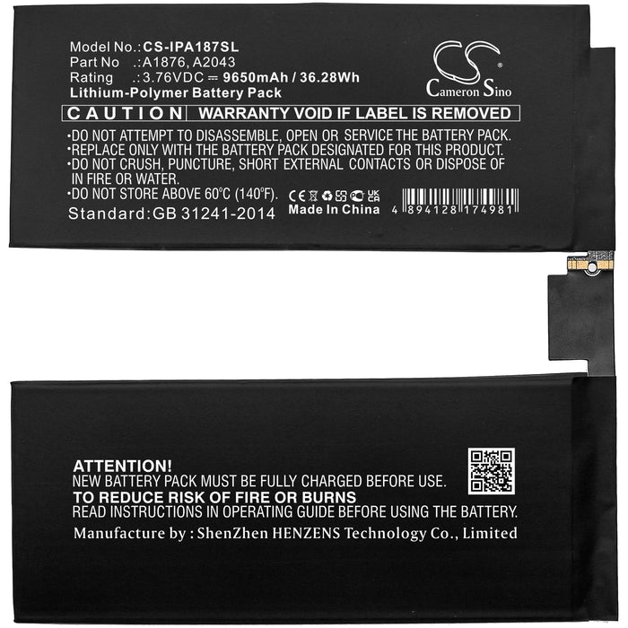CS-IPA187SL : Battery for Apple iPad Pro 12.9 3rd, iPad Pro 12.9 4th, iPad Pro 12.9 2018 3rd Gen and others - Replaces Apple A1876, A2043