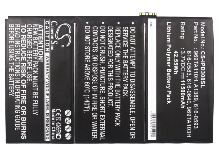 CS-IPD300SL : Battery for Apple iPad 3, iPad 3 HD Wifi, MD510LL/A and others - Replaces Apple 616-0586, 616-0604, 969TA110H and others