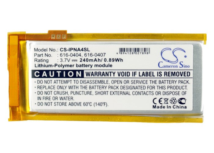 CS-IPNA4SL : Battery for Apple iPod Nano 4th 4GB, iPod Nano 4th 8GB, iPod Nano 4th 16GB and others - Replaces Apple 616-0405, 616-0407, P11G73-01-S01
