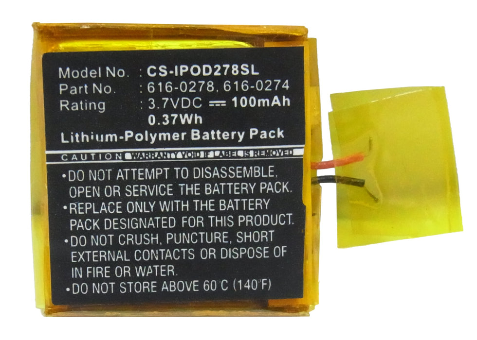 CS-IPOD278SL : Battery for Apple iPOD Shuffle G2 1GB, iPOD Shuffle G3 - Replaces Apple 616-0278, 616-0274