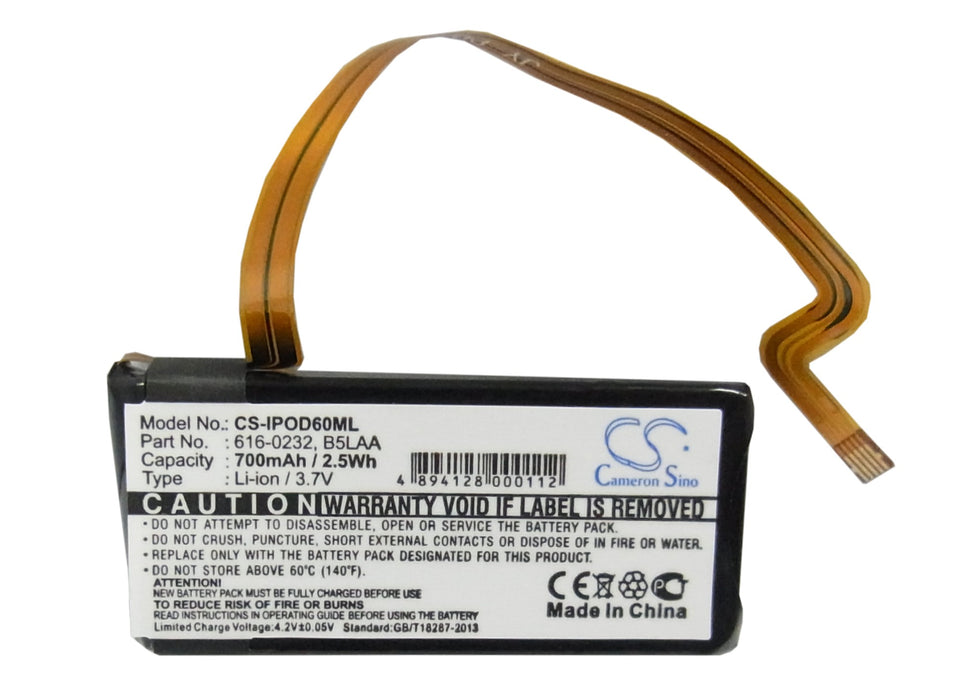 CS-IPOD60ML : Battery for Apple iPOD Video 60G, iPOD Video 80G, iPOD Classic 120GB and others - Replaces Apple 616-0232, B5LAA, B6DAH and others