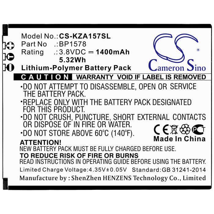 CS-KZA157SL : Battery for Kazuna eTalk 4G, KAZ-F019, KAZ-F019PP and others - Replaces Kazuna BP1578