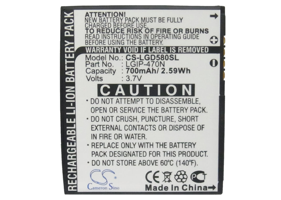 CS-LGD580SL : Battery for LG GD580, GD580 Lollitop - Replaces LG LGIP-470N, SBPL0098601