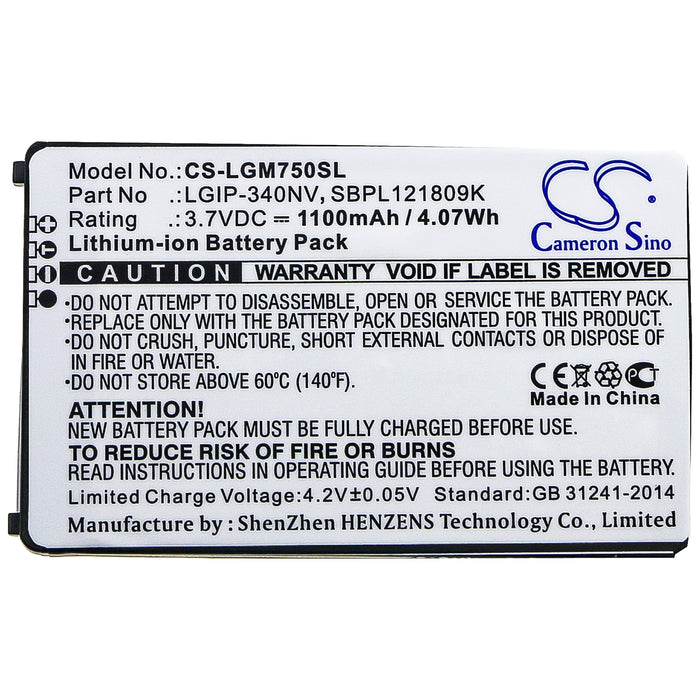 CS-LGM750SL : Battery for LG GM750, Layla, Eigen and others - Replaces LG LGIP-340NV, SBPL121809K, SBPP0026903 and others