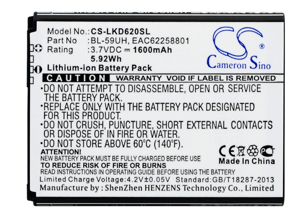 CS-LKD620SL : Battery for LG Optimus G2 Mini, D620, D620R and others - Replaces LG BL-59UH, EAC62258801, EAC62258701