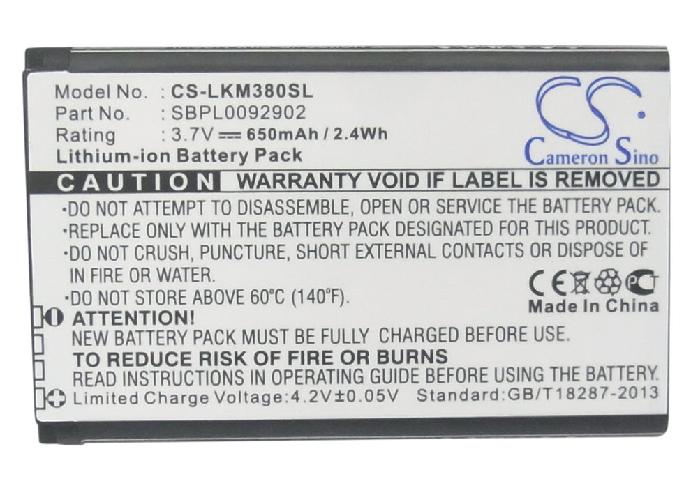 CS-LKM380SL : Battery for LG KM380, KT520, KF300 and others - Replaces LG LGIP-330GP, SBPL0092902, SBPL0089001 and others