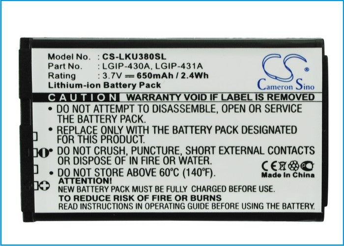 CS-LKU380SL : Battery for LG KU380, KP100, CE110 and others - Replaces LG LGIP-430A, SBPL0093301, SBPL0089901 and others