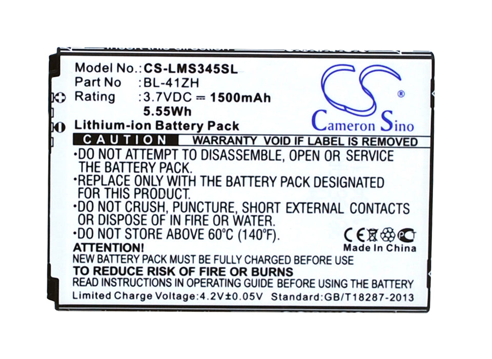 CS-LMS345SL : Battery for LG Optimus C40, Optimus L50, Leon and others - Replaces LG BL-41ZH, EAC62378407, BL-41ZHB and others