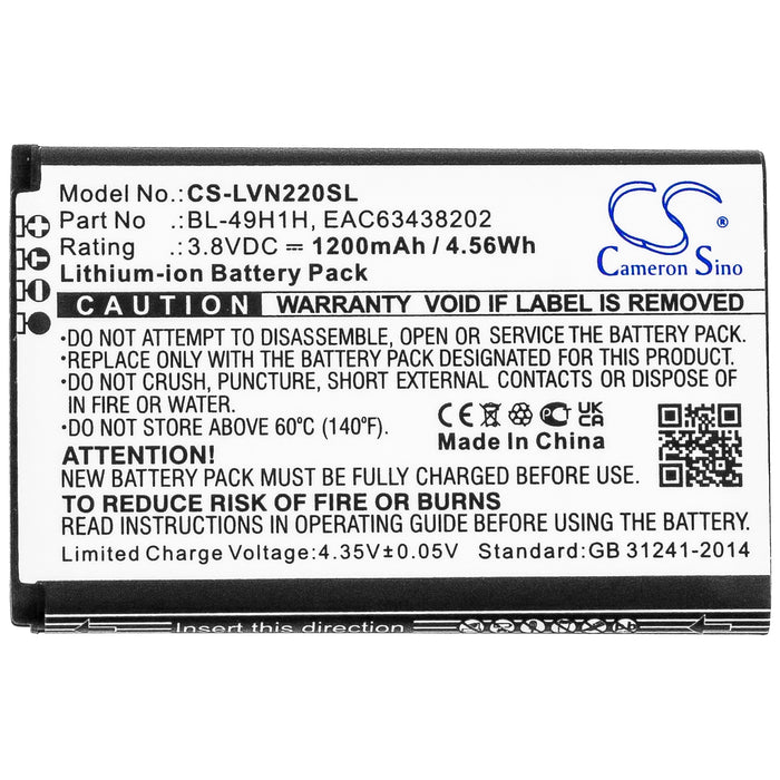 CS-LVN220SL : Battery for LG VN220, UN220, Exalt LTE 4G and others - Replaces LG BL-49H1H, EAC63438202