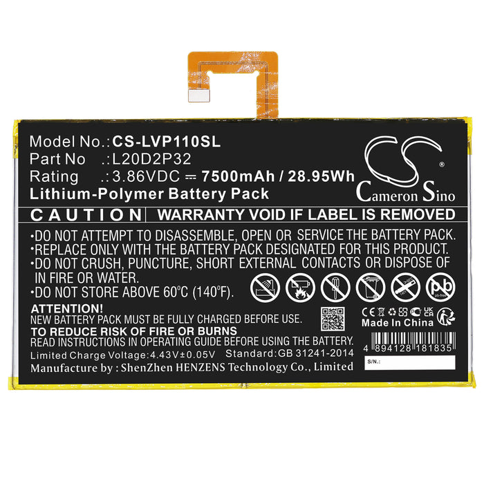 CS-LVP110SL : Battery for Lenovo Tab P11, TB-J606F, TB-J607Z and others - Replaces Lenovo L20D2P32
