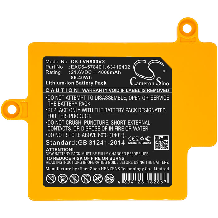 CS-LVR900VX : Battery for LG CordZero R9, R9MASTER - Replaces LG EAC64578401, 63419402, EAC64578402