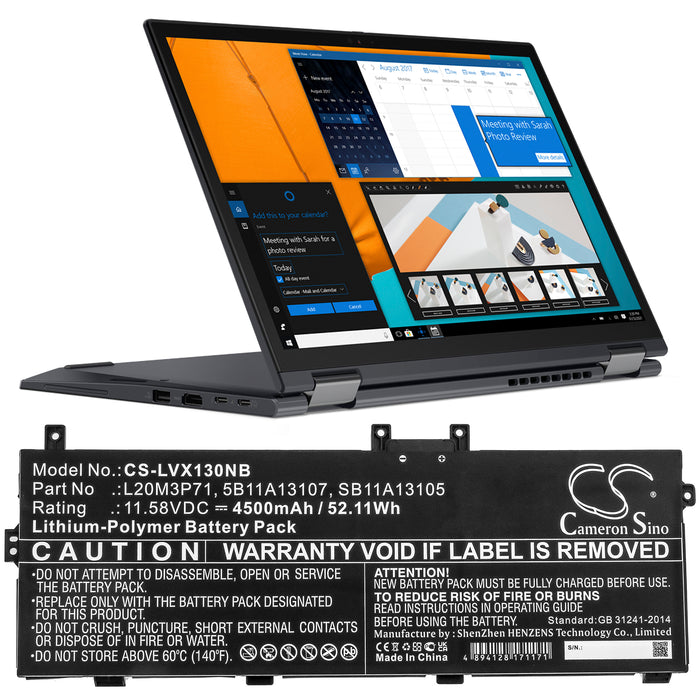 CS-LVX130NB : Battery for Lenovo ThinkPad X13 Yoga G2 20W80014GE, ThinkPad X13 Yoga G2 20W8000TGE, ThinkPad X13 Yoga G2 20W80015GE and others - Replaces Lenovo L20M3P71, 5B11A13107, SB11A13105