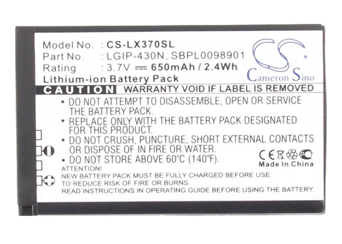 CS-LX370SL : Battery for LG LX370, LX370 Slider, LX290 and others - Replaces LG LGIP-430N, SBPL0098901