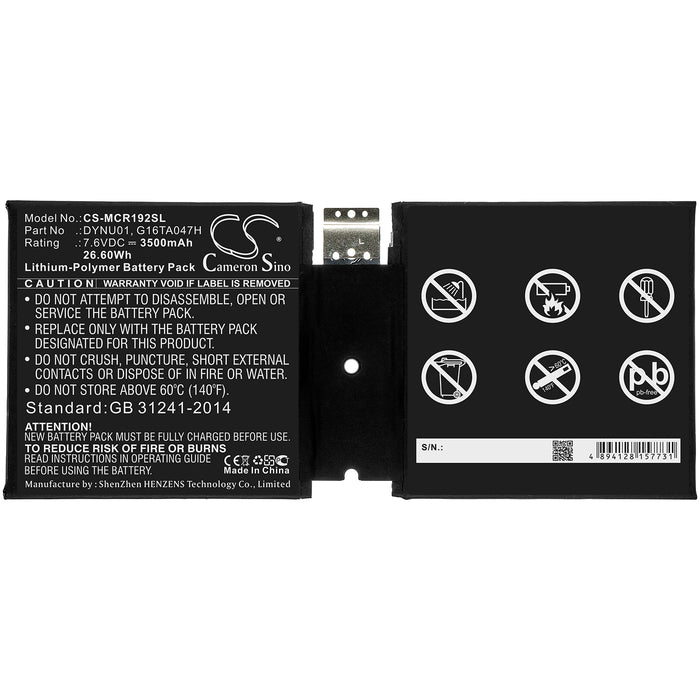 CS-MCR192SL : Battery for Microsoft Surface Go 2, Surface 1927 - Replaces Microsoft DYNU01, G16TA047H